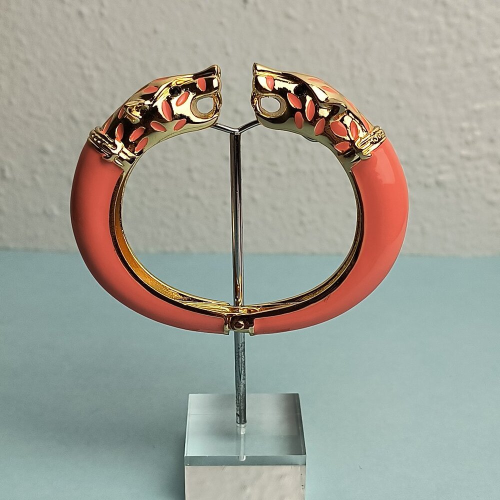 Statement Chunky Glaze Hinged Cuff Bracelet Double Wolf Head Coral Blush…